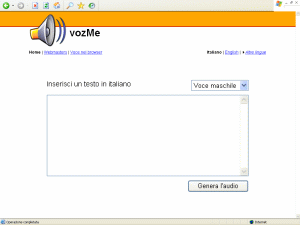 VozMe è un'applicazione on-line gratuita che converte un testo scritto in file audio. E' sufficiente inserire il testo nell'apposita finestra e cliccare su 